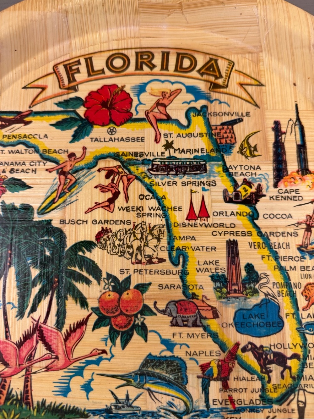 Vintage Florida Map Landmark Bamboo Tray 13" Round Souvenir Serving Platter - Picture 2 of 5